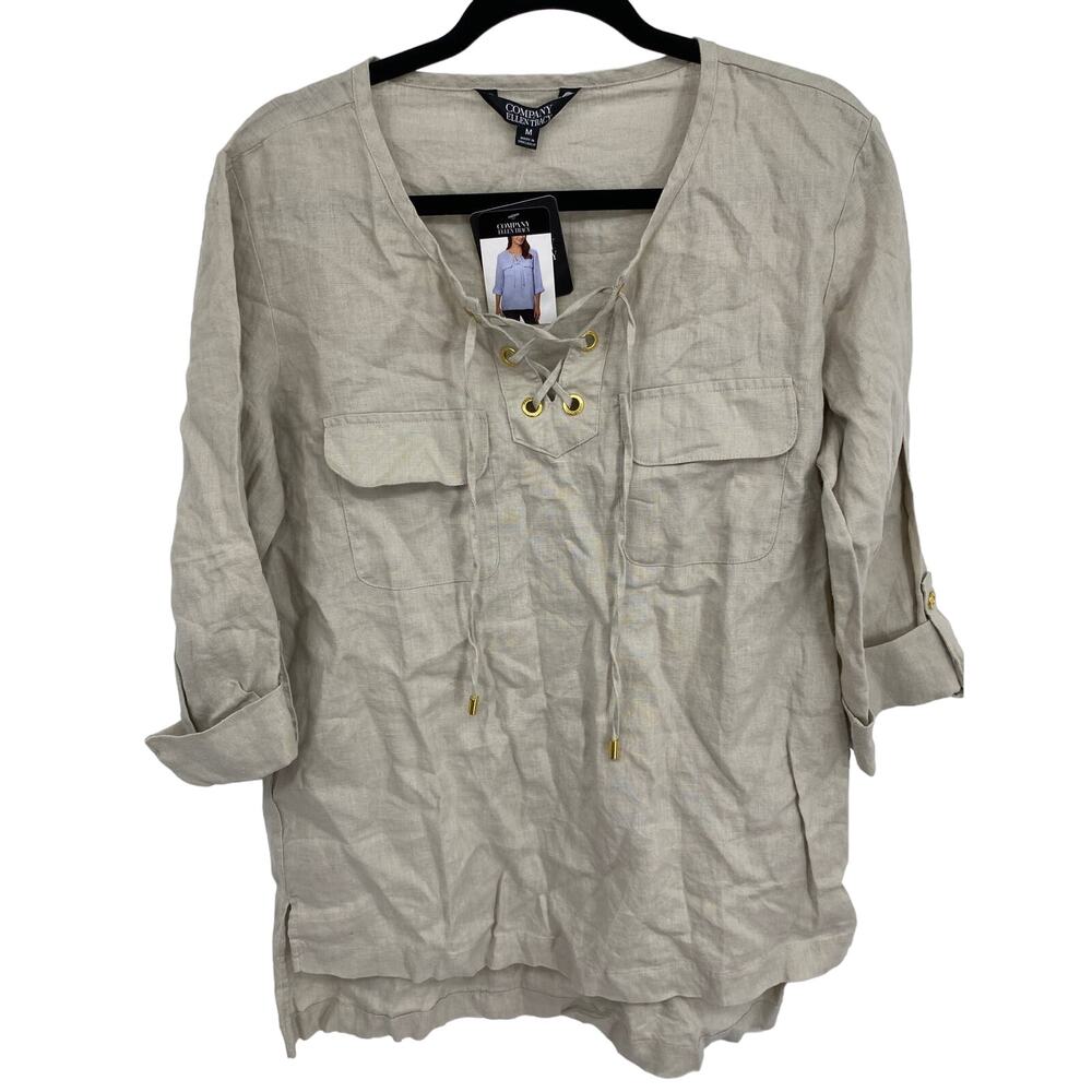 NEW ELLEN TRACY women M Sandstone Lace up 3/4 Sleeve tan Linen Blouse Shirt FLAW